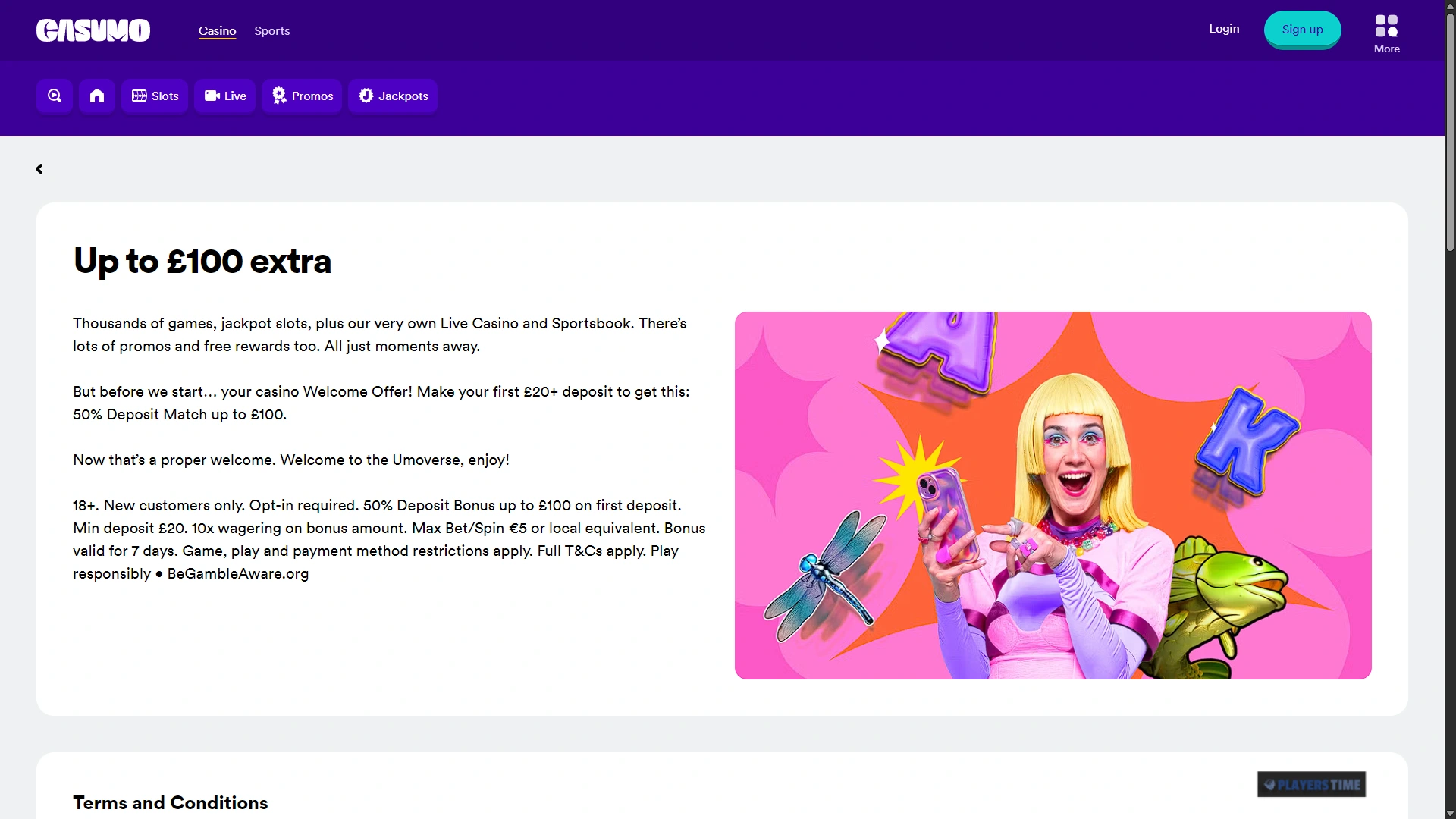 Casumo UK welcome offer showing the 50 percent deposit match and key promotional conditions