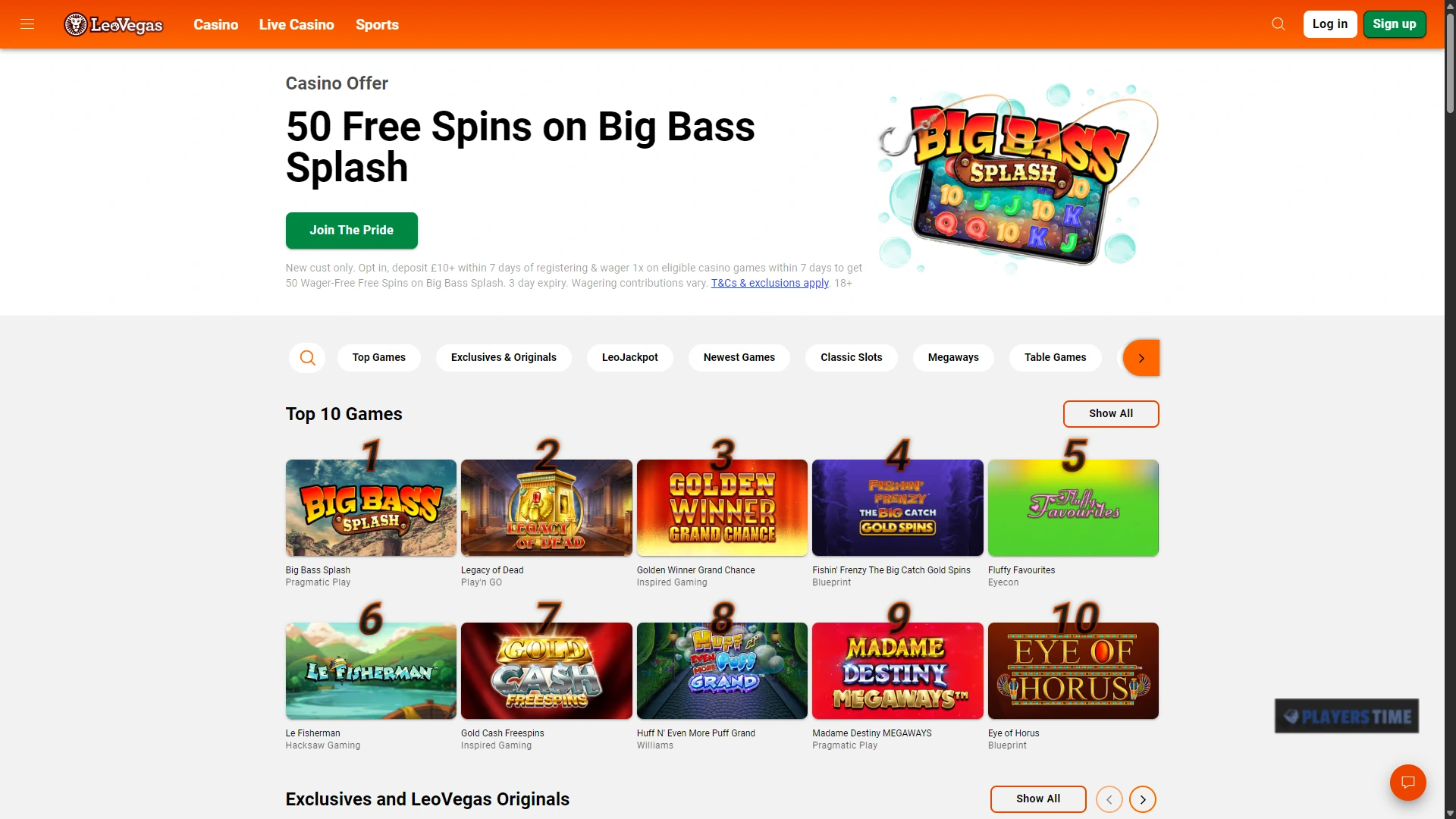 LeoVegas Casino UK desktop lobby showing game categories, promotional banners and casino titles