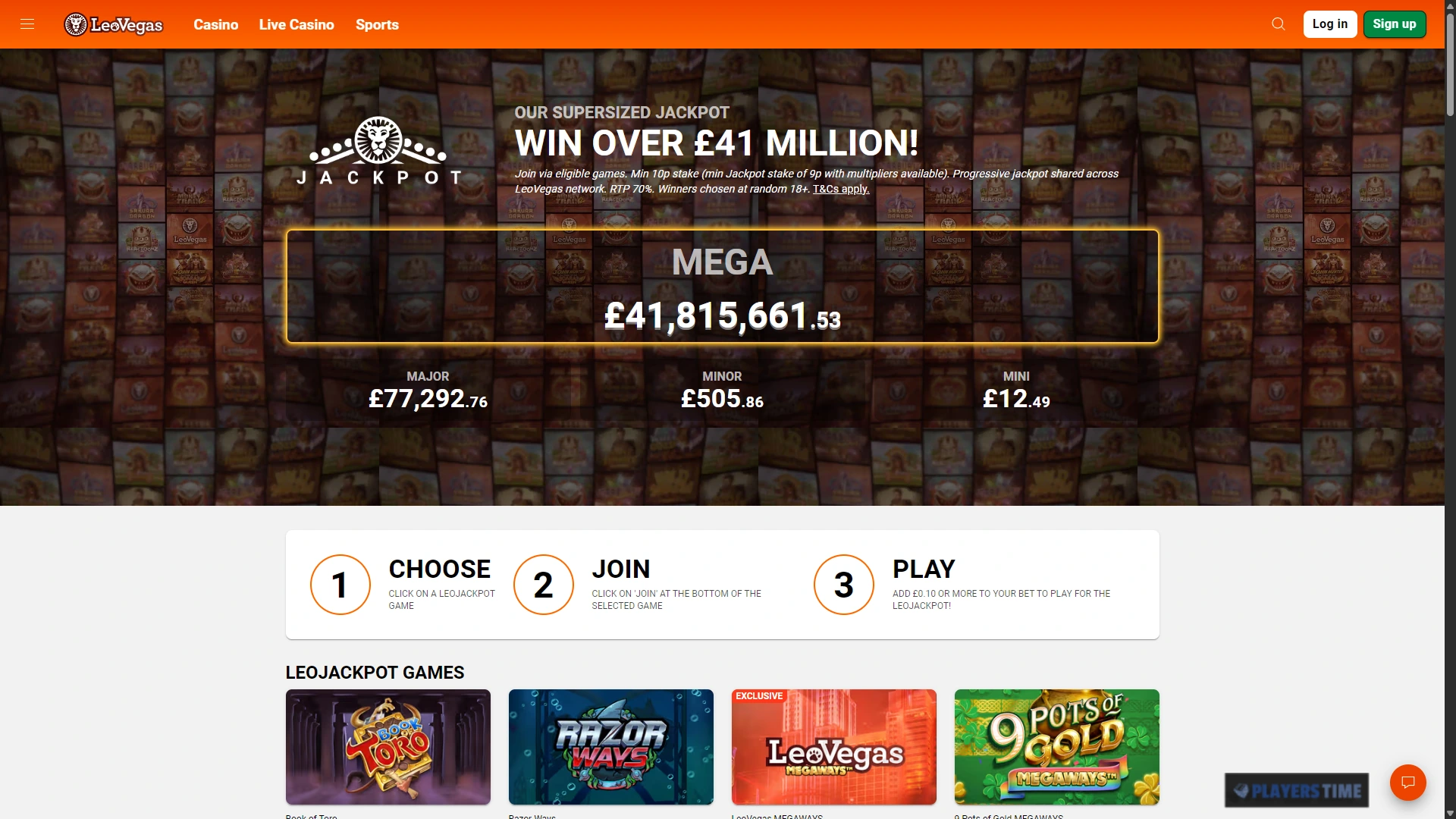 LeoVegas UK LeoJackpot page showing the Mega, Major, Minor and Mini progressive jackpot tiers and eligible games
