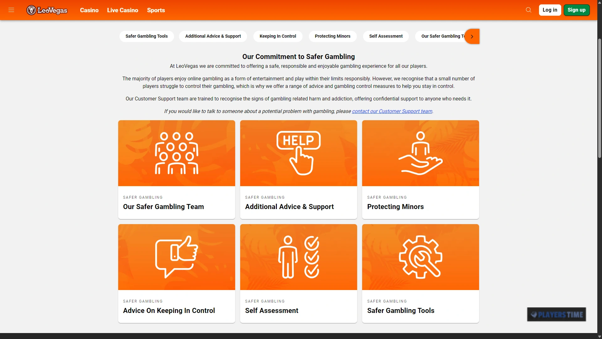 LeoVegas UK LeoSafePlay page showing spend, loss, wagering, session, reality check, time-out and self-exclusion tools