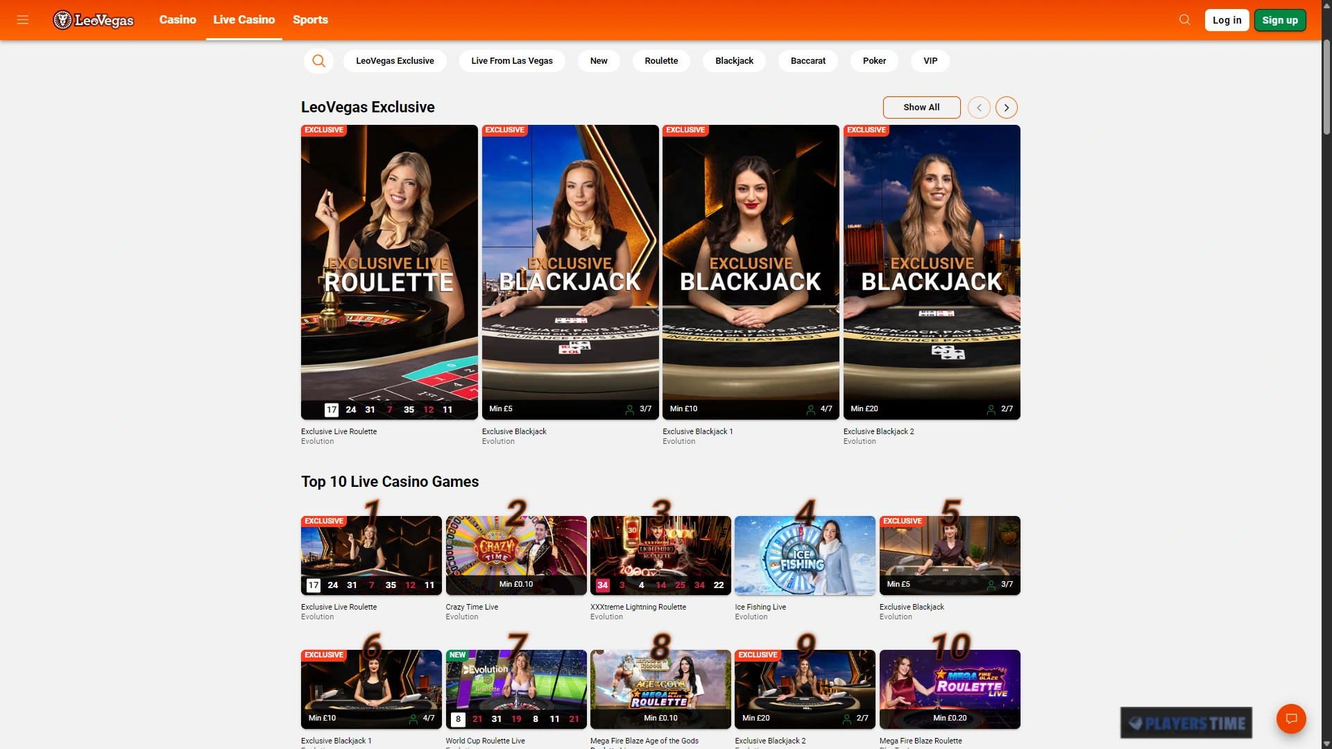 LeoVegas Casino UK live casino lobby showing live dealer tables, game shows and provider content
