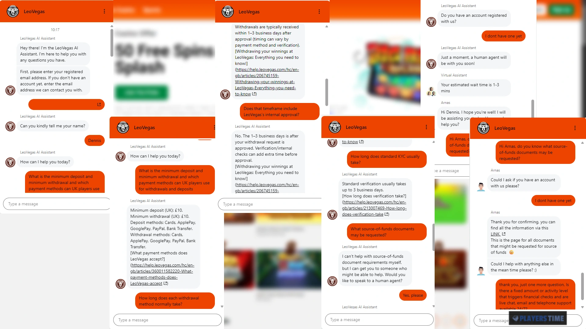 Composite of the LeoVegas AI Assistant and human live-chat adviser answering questions about payments, withdrawals, KYC and support availability