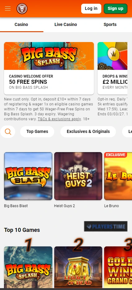 LeoVegas Casino UK mobile-browser lobby showing navigation, game categories and promotional content