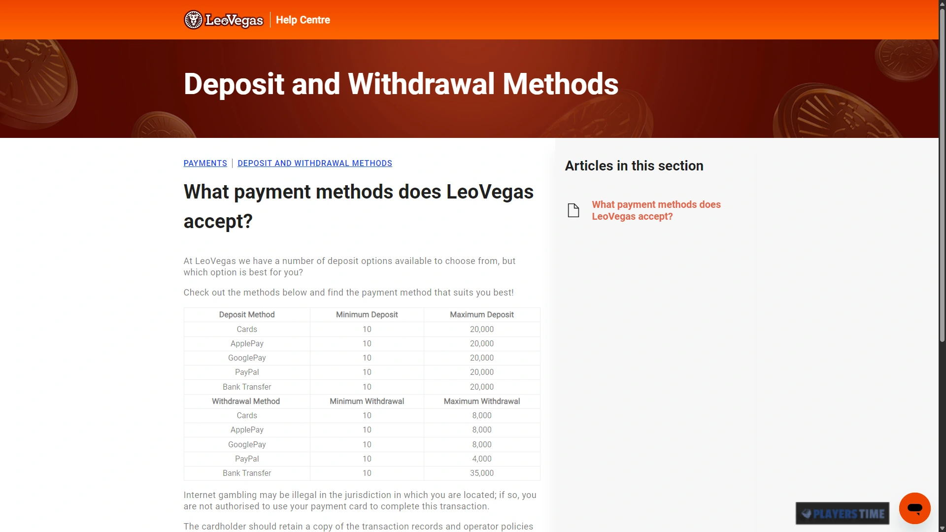 LeoVegas UK payment information showing cards, Apple Pay, Google Pay, PayPal and bank transfer
