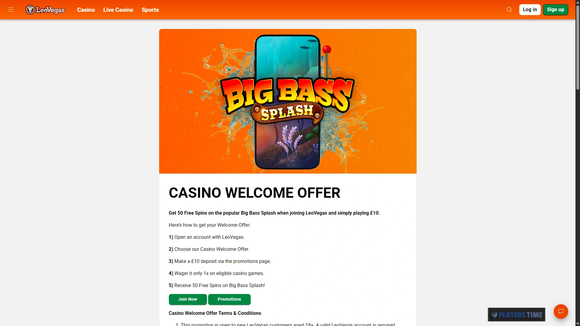 LeoVegas Casino UK welcome offer showing 50 Free Spins on Big Bass Splash and the qualifying terms
