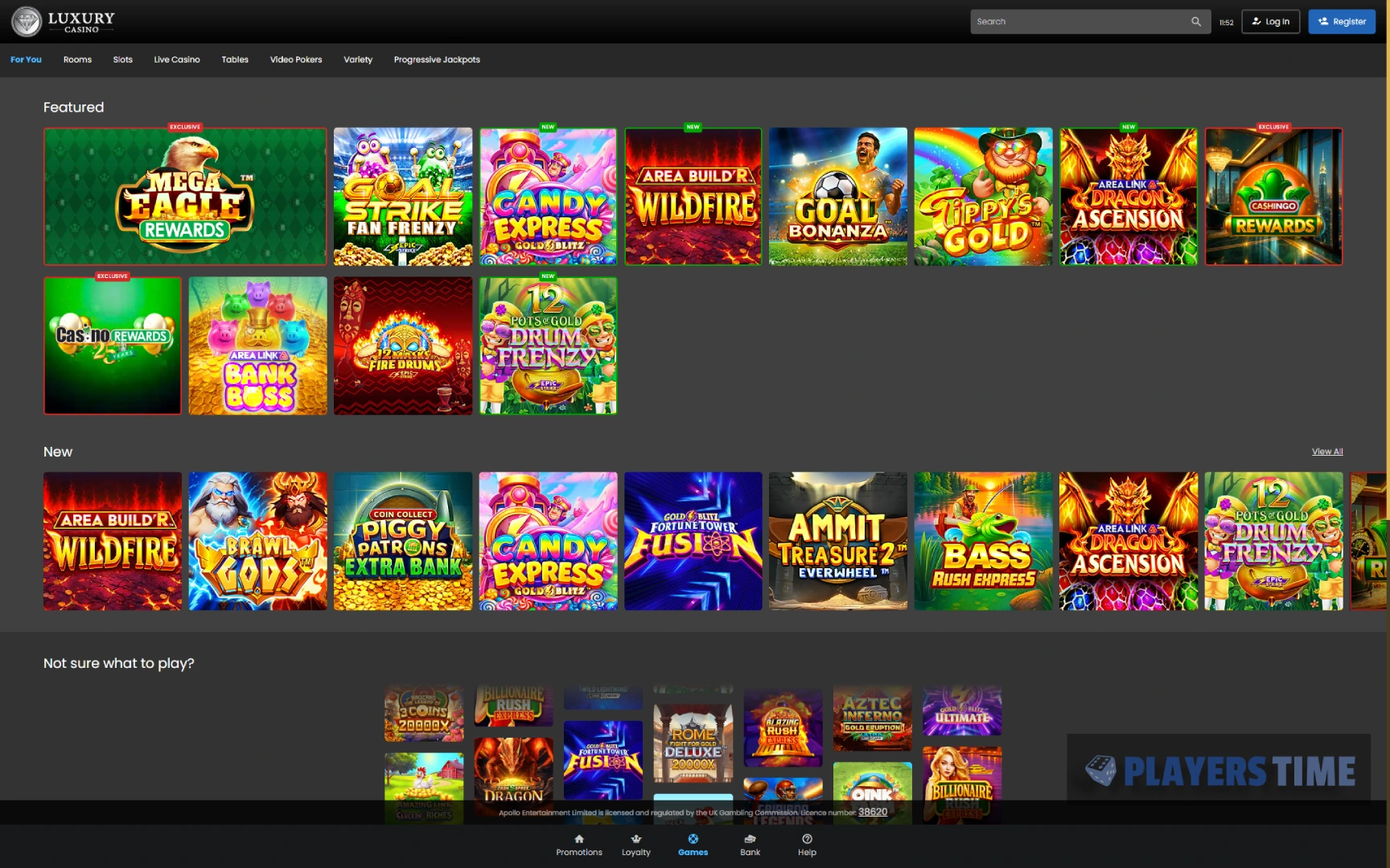 Luxury Casino UK desktop game lobby showing Rooms, Slots, Live Casino, Tables, Video Pokers, Variety and Progressive Jackpots
