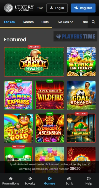 Luxury Casino UK mobile game lobby displayed in a smartphone browser