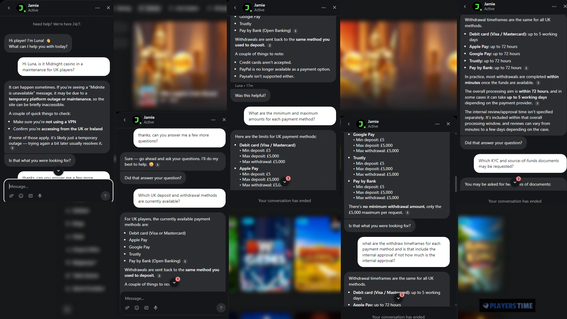 Midnite automated support assistant Luna answering questions about UK payments, withdrawals, KYC and customer-fund protection