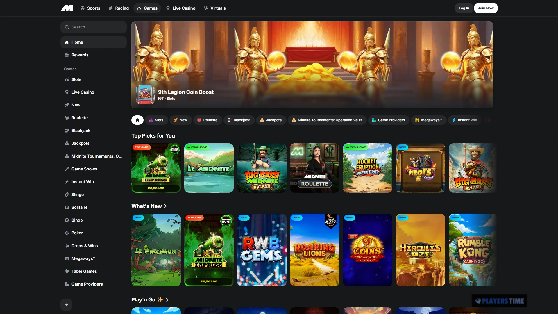 Midnite Casino UK desktop lobby showing search, game categories, featured slots and Midnite-exclusive games