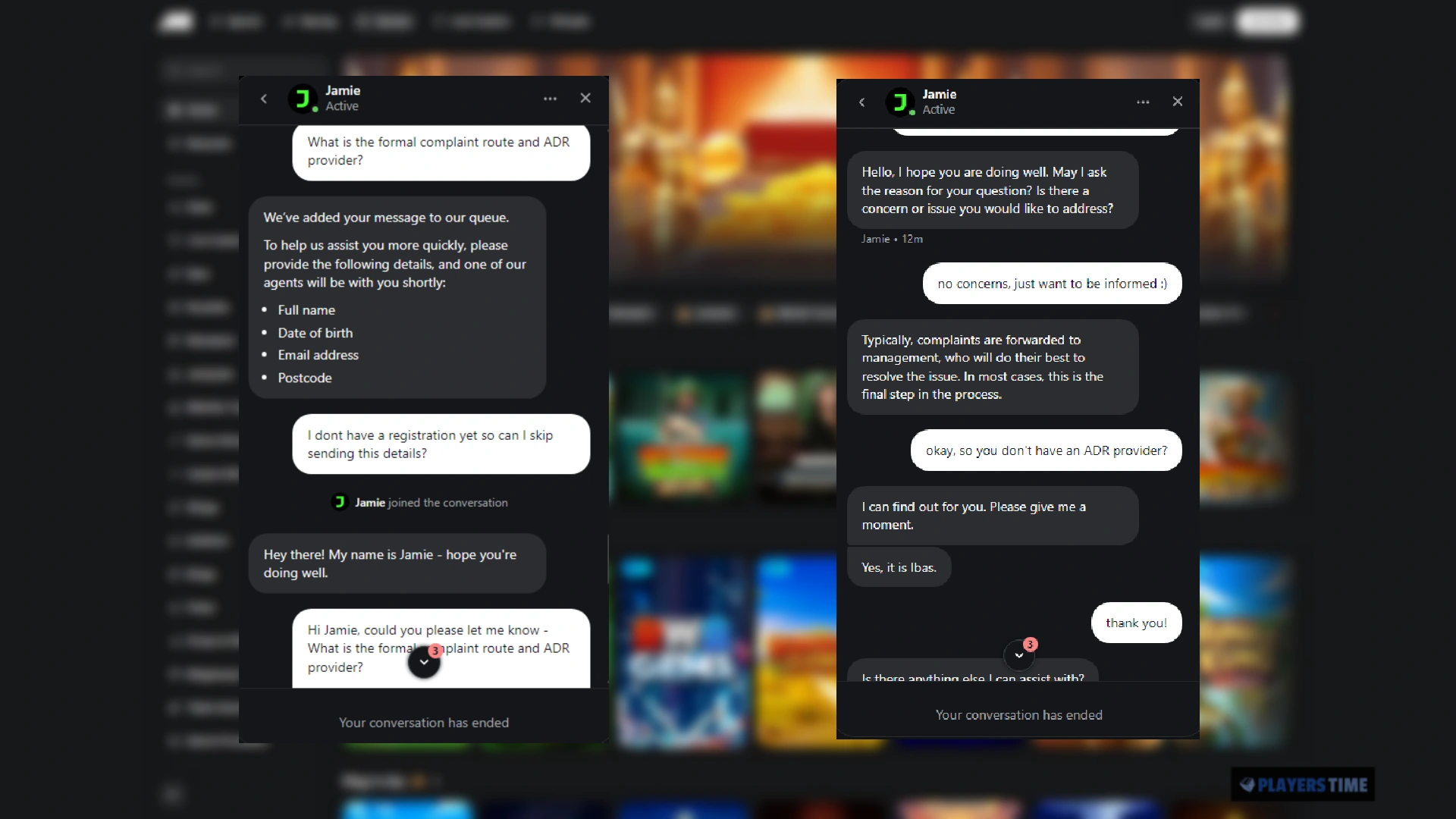 Midnite human support adviser Jamie confirming IBAS as the alternative dispute resolution provider