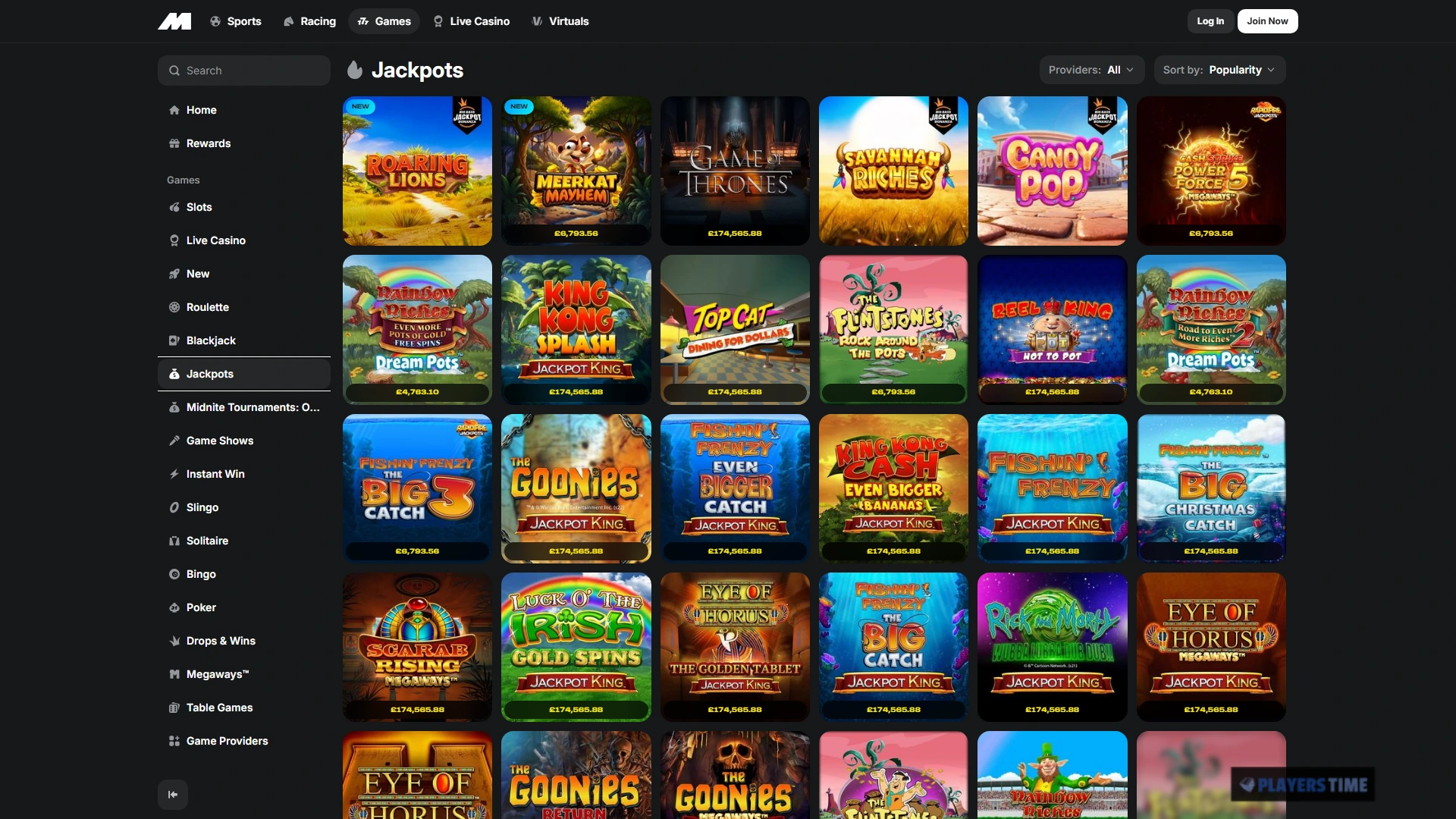 Midnite Casino UK jackpot lobby showing jackpot games, provider filtering and displayed prize amounts
