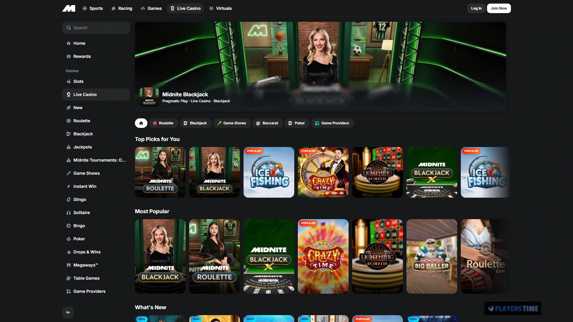Midnite Casino UK live casino lobby showing branded blackjack and roulette tables and live game categories