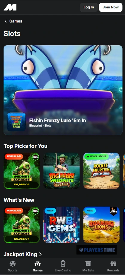 Midnite Casino UK mobile lobby showing featured slots, game rows and fixed bottom navigation