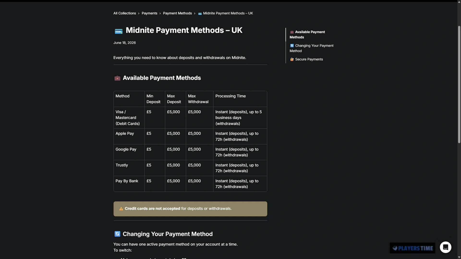 Midnite UK payment-method table showing debit cards, Apple Pay, Google Pay, Trustly and Pay by Bank