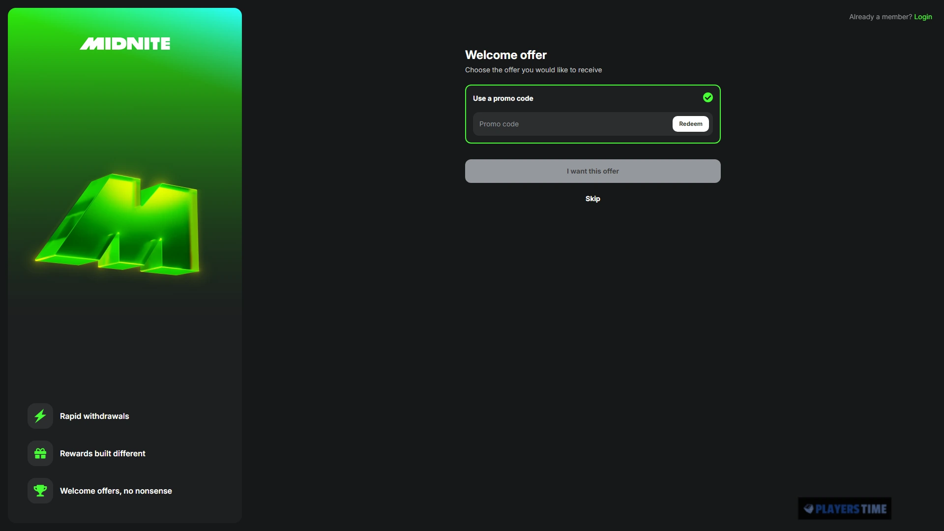 Midnite Casino UK registration journey showing offer selection, personal details and account creation fields