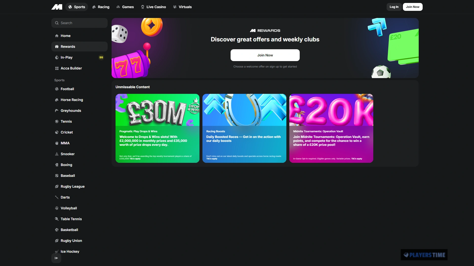 Midnite UK Rewards page showing Drops and Wins, Racing Boosts and Operation Vault promotions