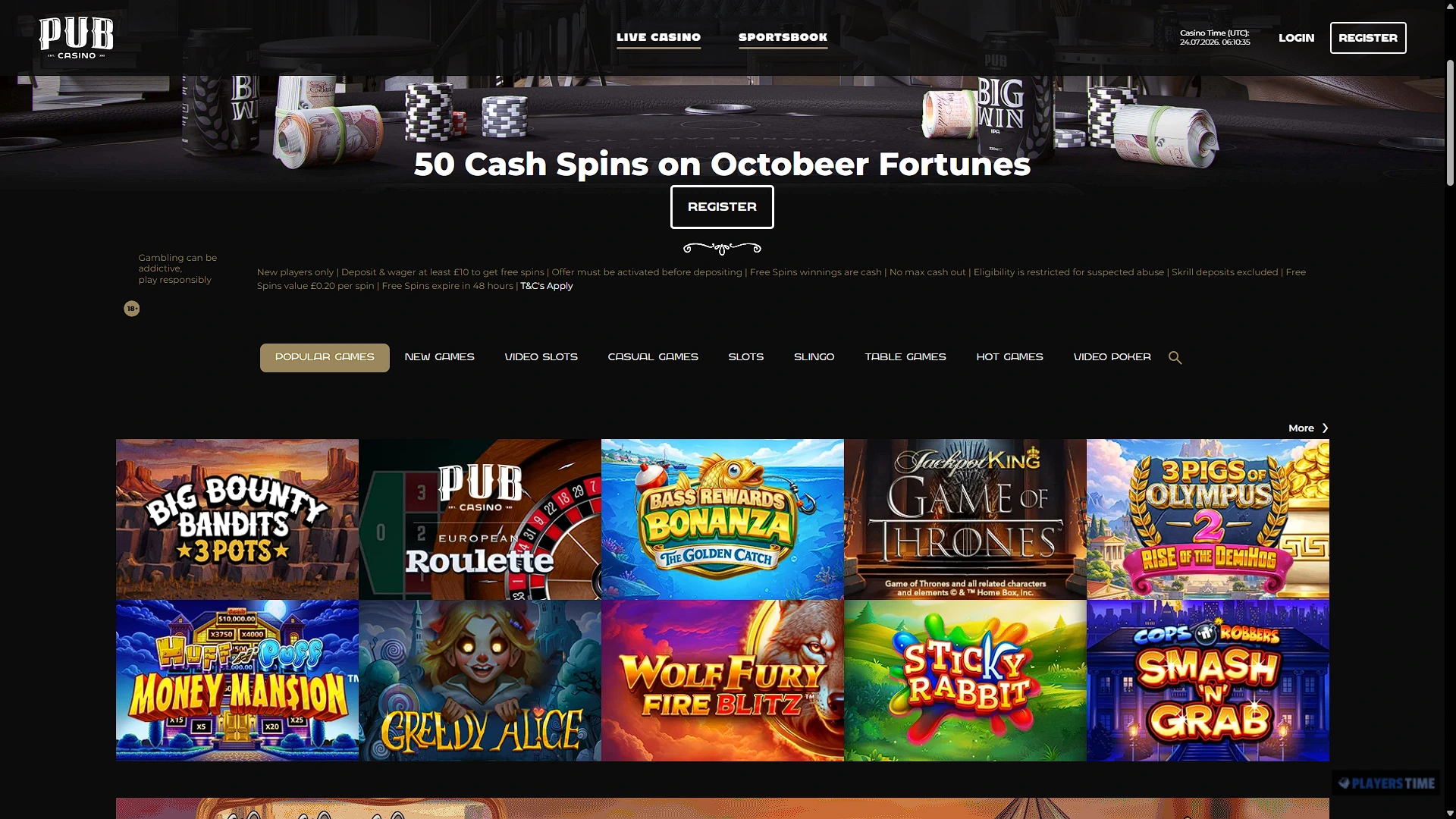 Pub Casino UK desktop lobby showing its pub-themed design, navigation and casino games