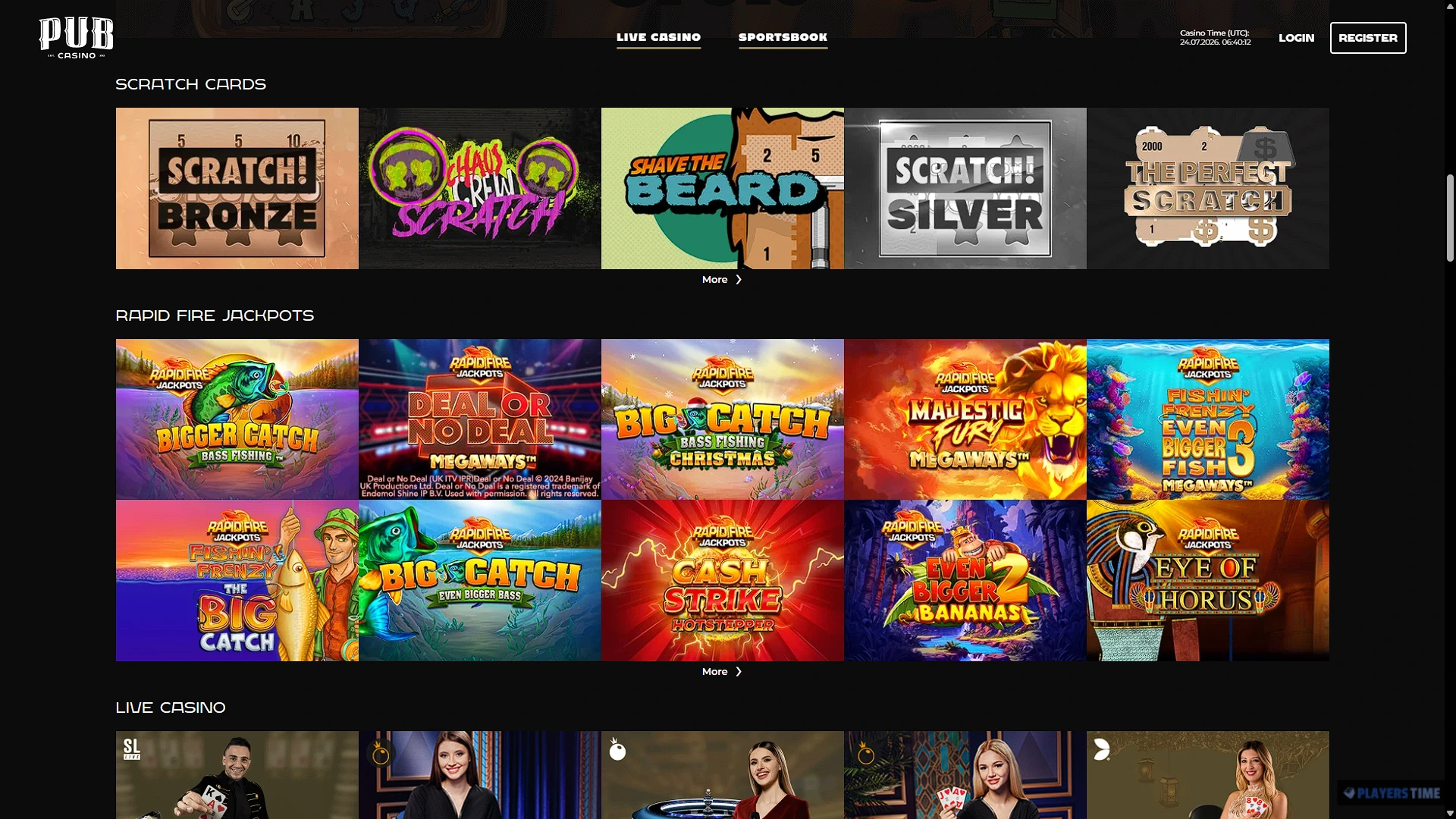 Pub Casino UK Rapid Fire Jackpots collection showing jackpot-branded games in the casino lobby