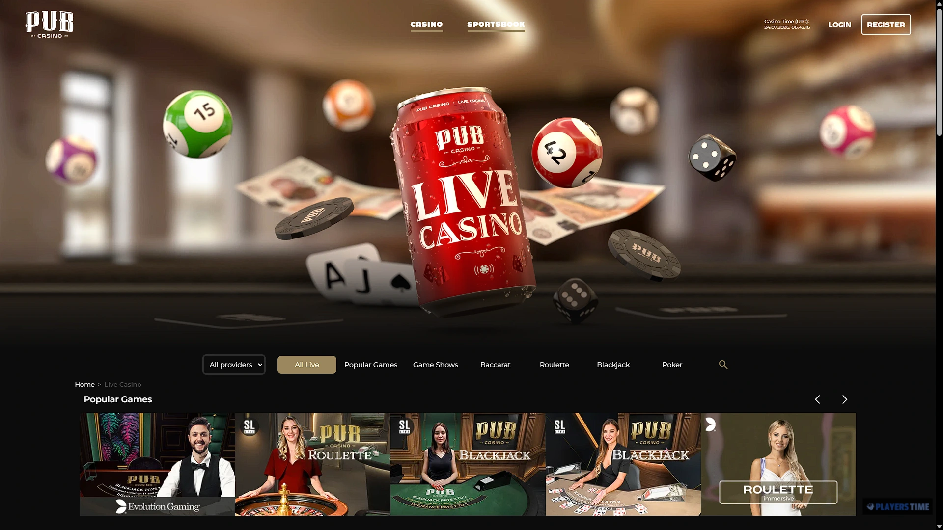 Pub Casino UK live casino lobby showing provider filters and live dealer game categories
