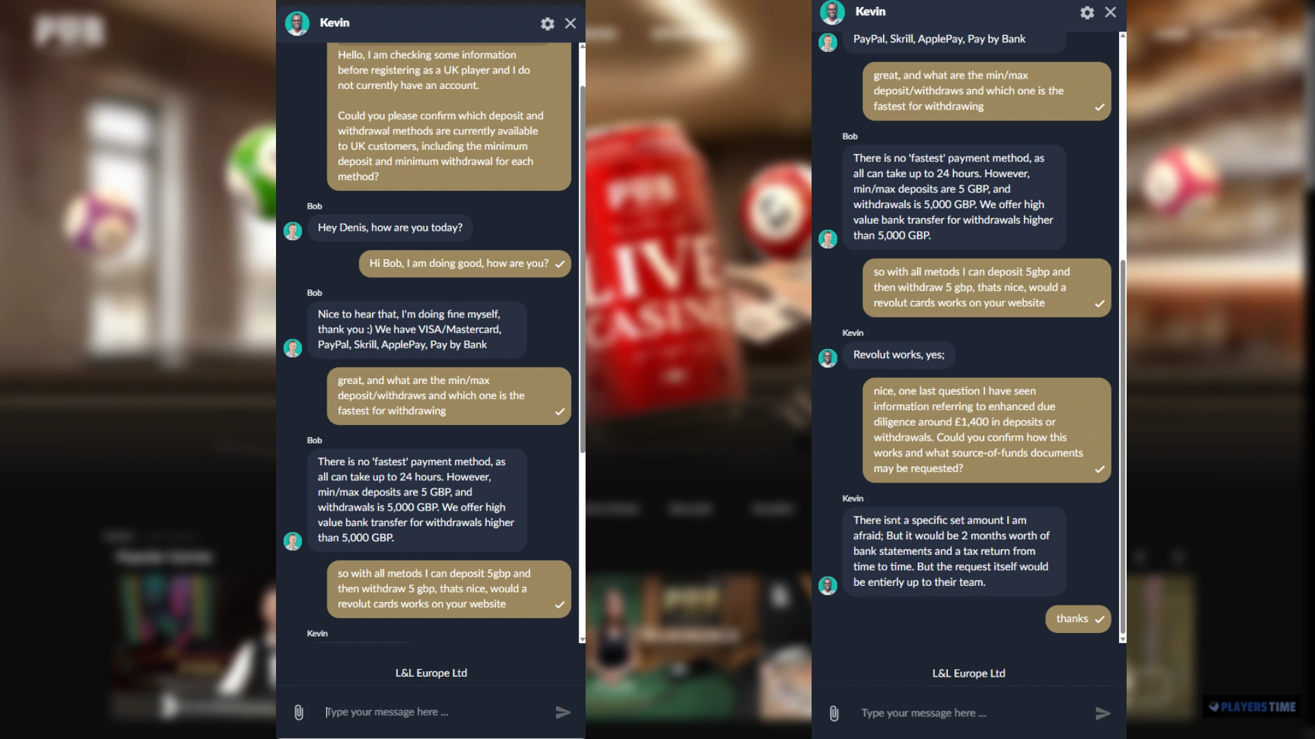 Pub Casino pre-registration live chat discussing UK payment methods, minimum deposits, withdrawal guidance and high-value bank transfers