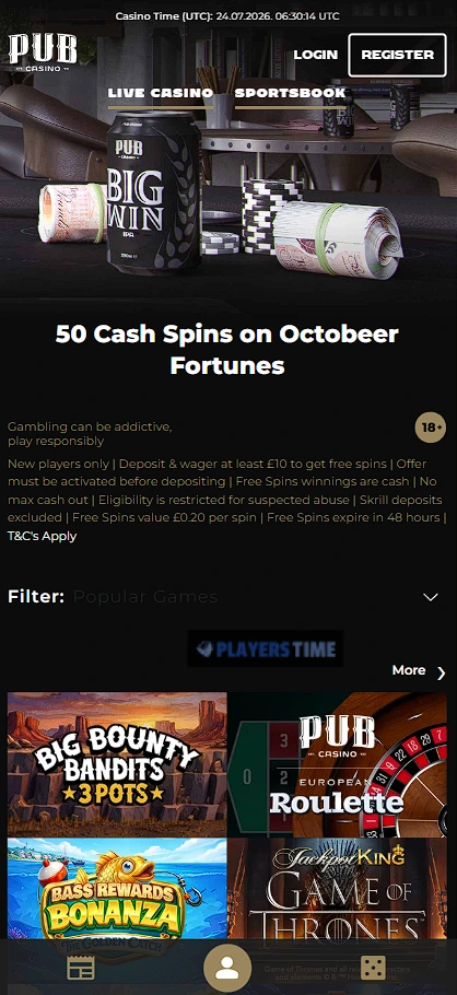 Pub Casino UK mobile lobby showing its responsive navigation and casino game categories