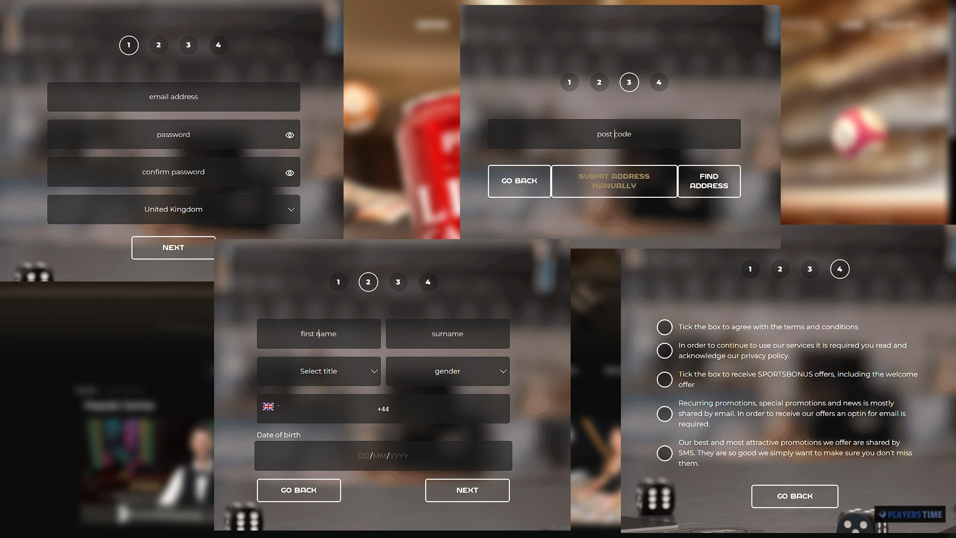 Pub Casino UK four-step registration form showing login details, personal information, address lookup and consent choices