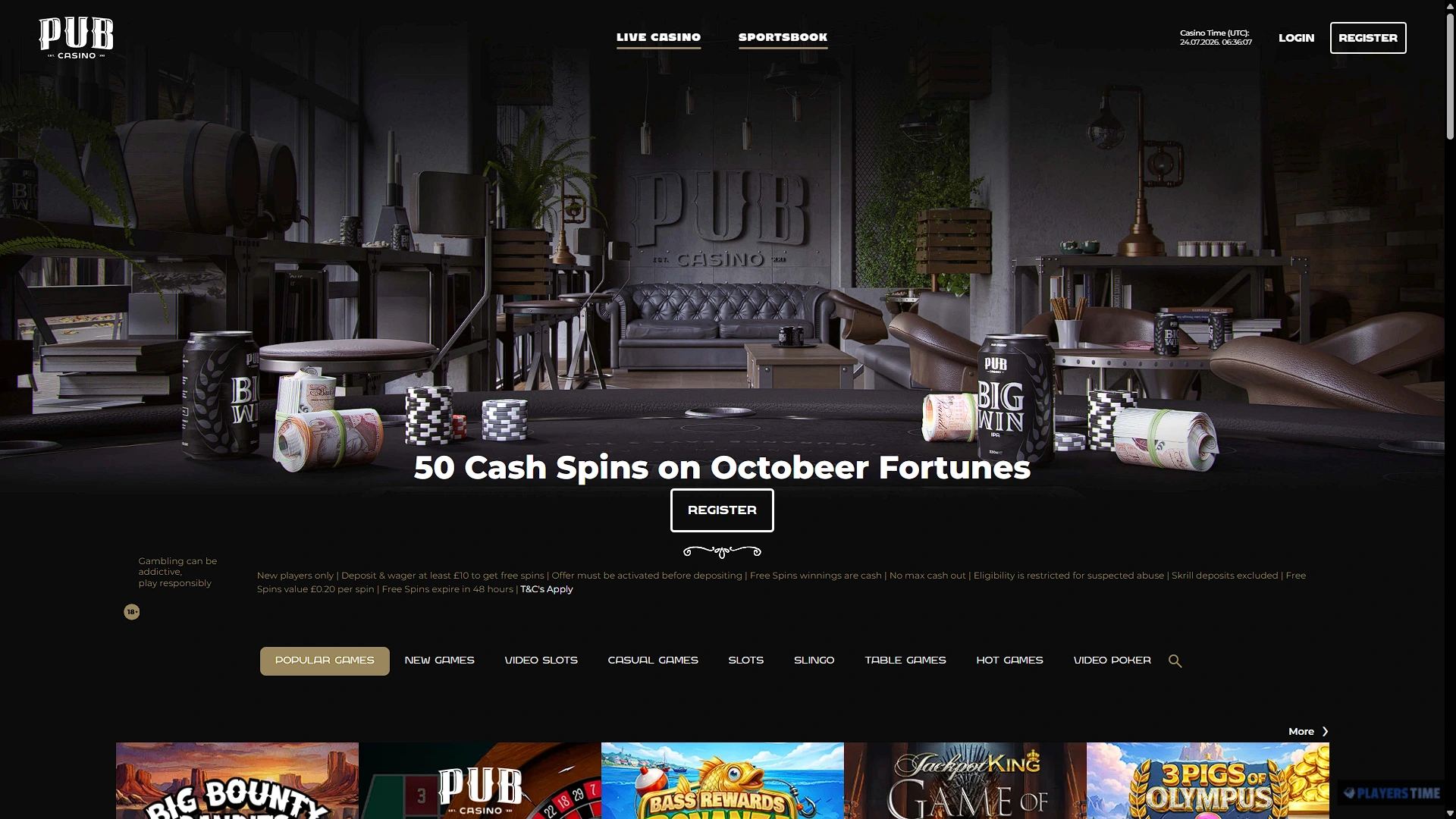 Pub Casino UK welcome offer advertising 50 Cash Spins on Octobeer Fortune