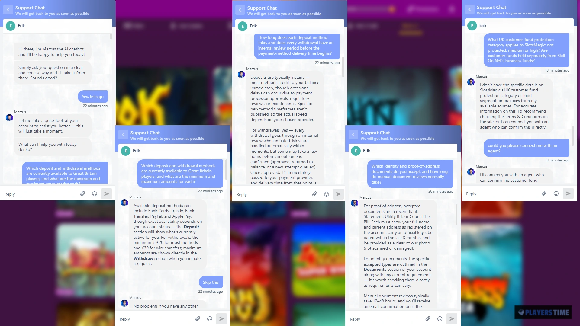 SlotsMagic AI chatbot Marcus answering questions about UK payments, withdrawals, verification and financial checks
