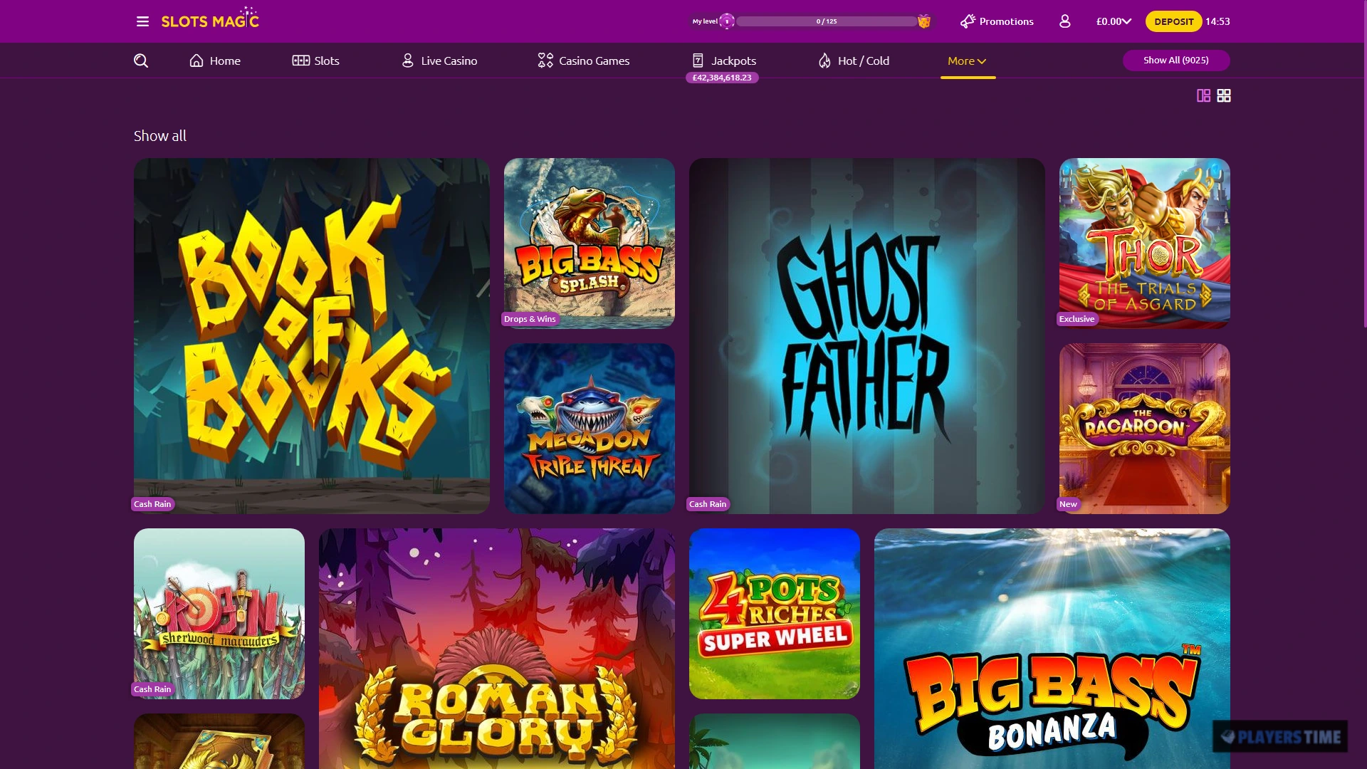 SlotsMagic Casino UK public desktop lobby showing search, categories and featured casino games