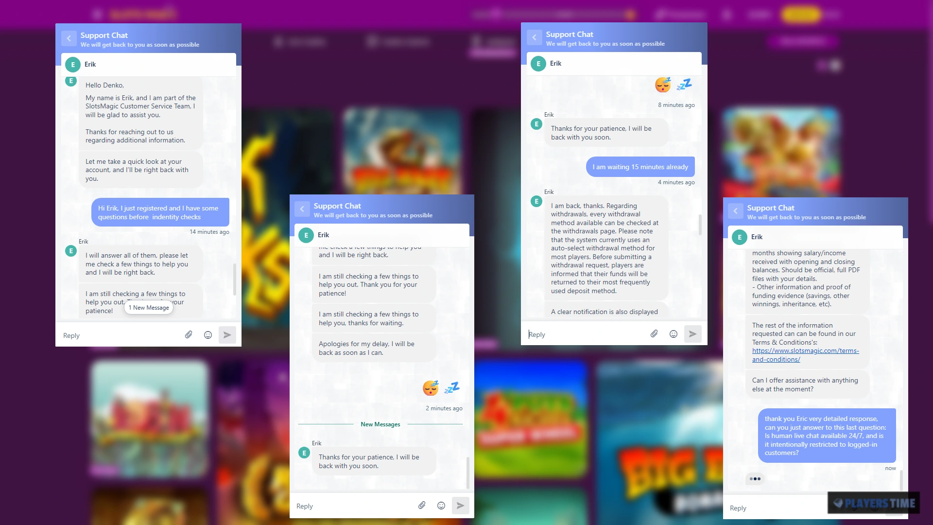 SlotsMagic human adviser Erik providing detailed information about withdrawals, verification documents and source-of-funds checks