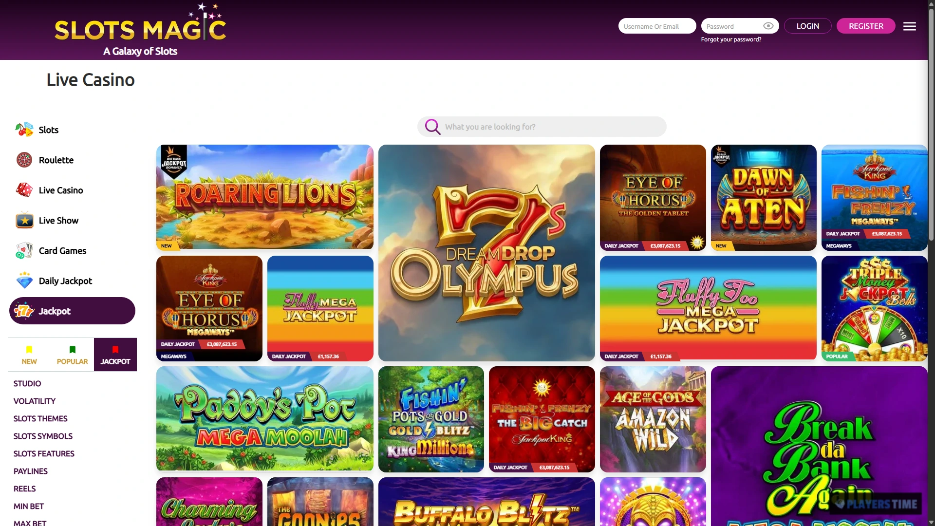 SlotsMagic Casino UK jackpot lobby showing Daily Jackpot and Jackpot categories with progressive games and prize values