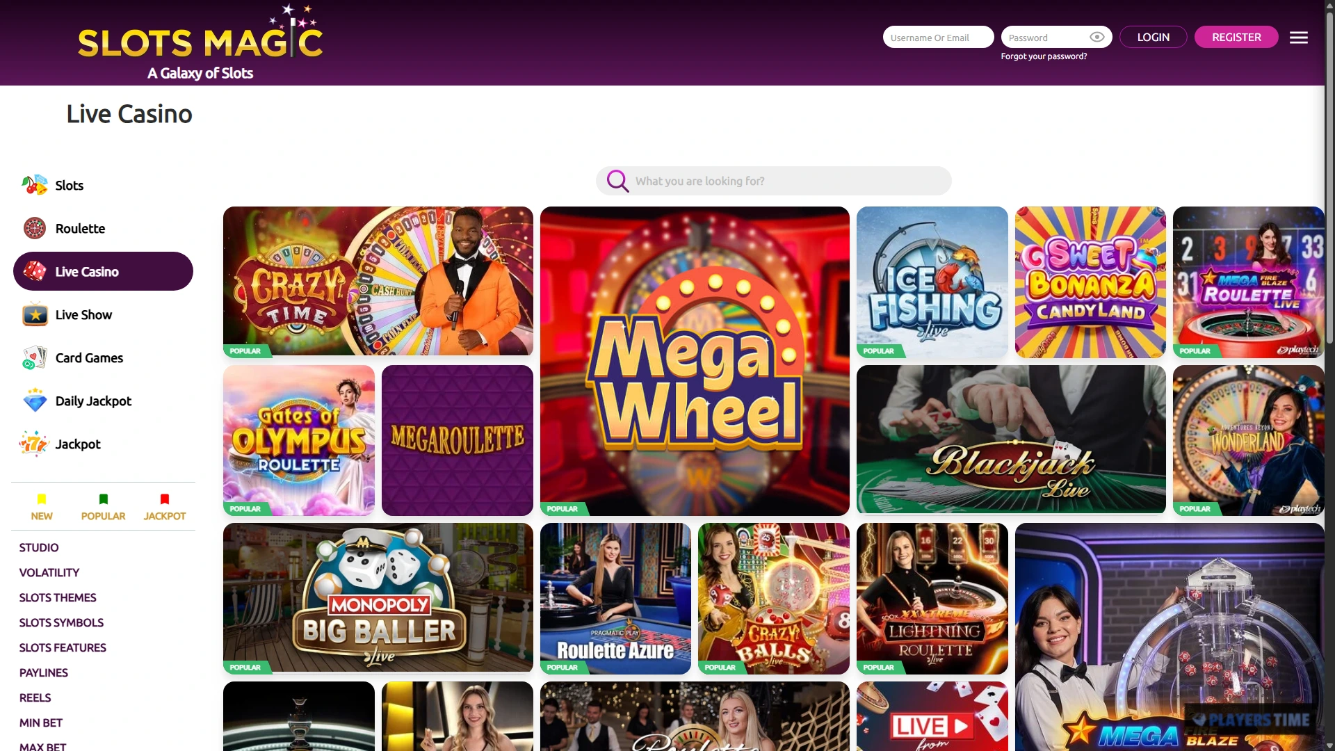 SlotsMagic Casino UK live casino lobby showing search, filters, roulette, game shows and live dealer titles