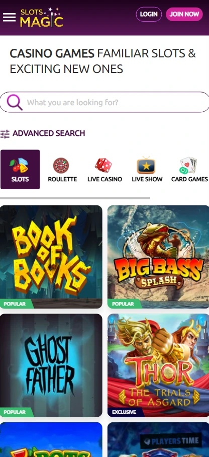 SlotsMagic Casino UK mobile-browser lobby showing search, advanced filters, casino categories and game tiles