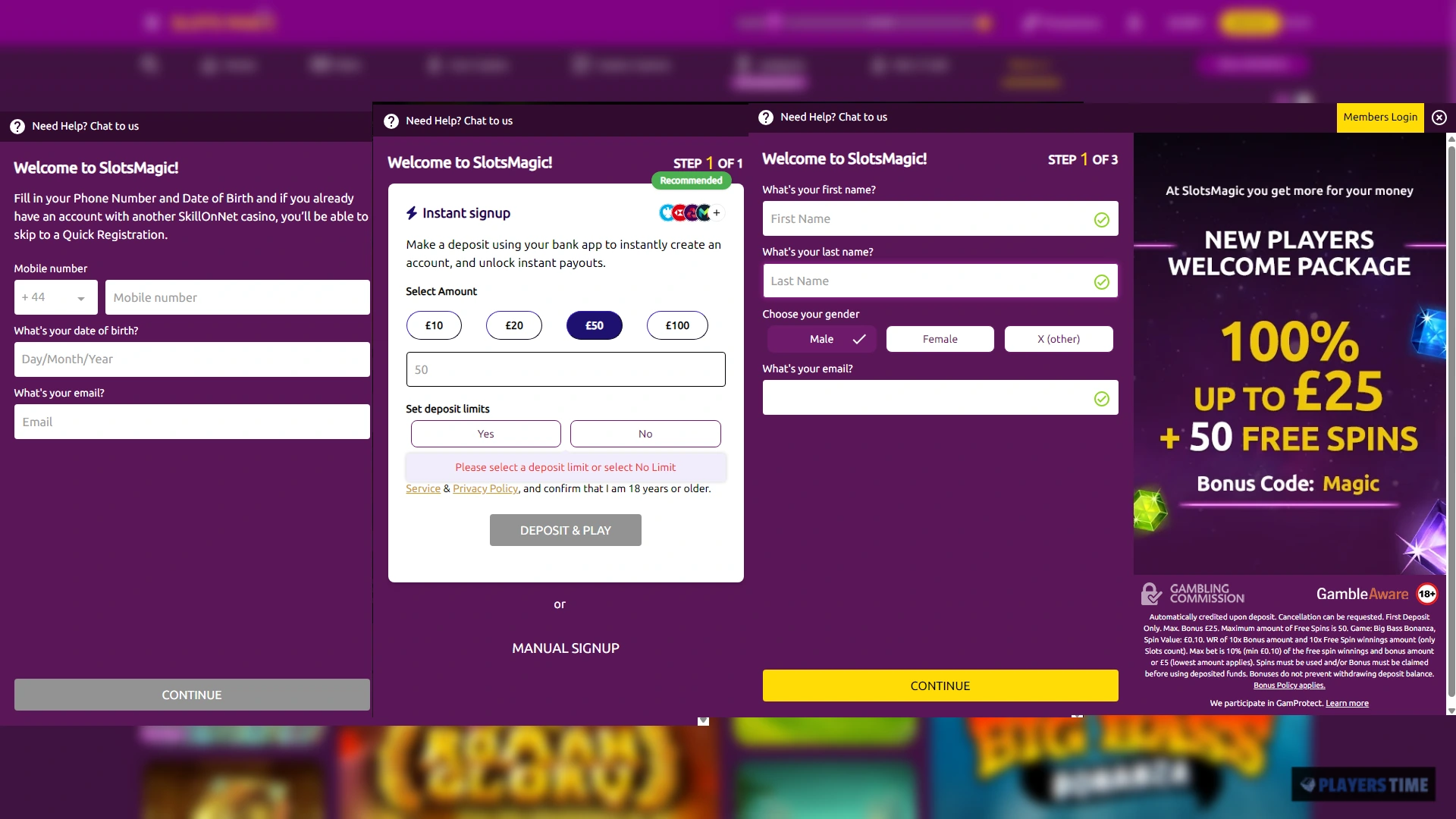 SlotsMagic Casino UK registration showing the one-step instant option and three-stage manual signup process