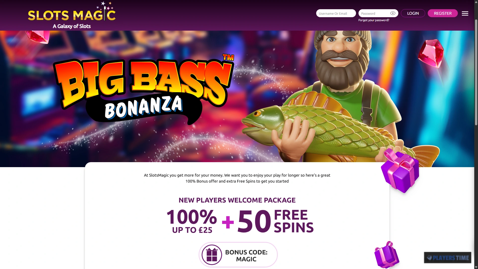 SlotsMagic Casino UK welcome package showing a 100 percent bonus up to £25 and 50 free spins with bonus code Magic