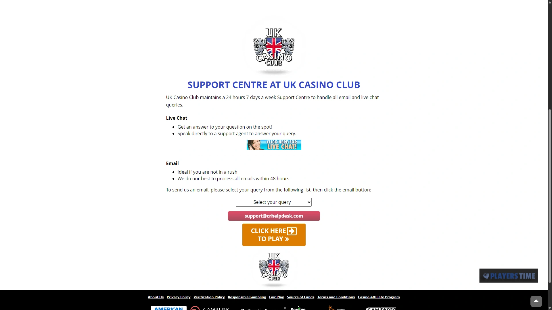 UK Casino Club contact page stating that its support centre handles live-chat and email enquiries 24 hours a day