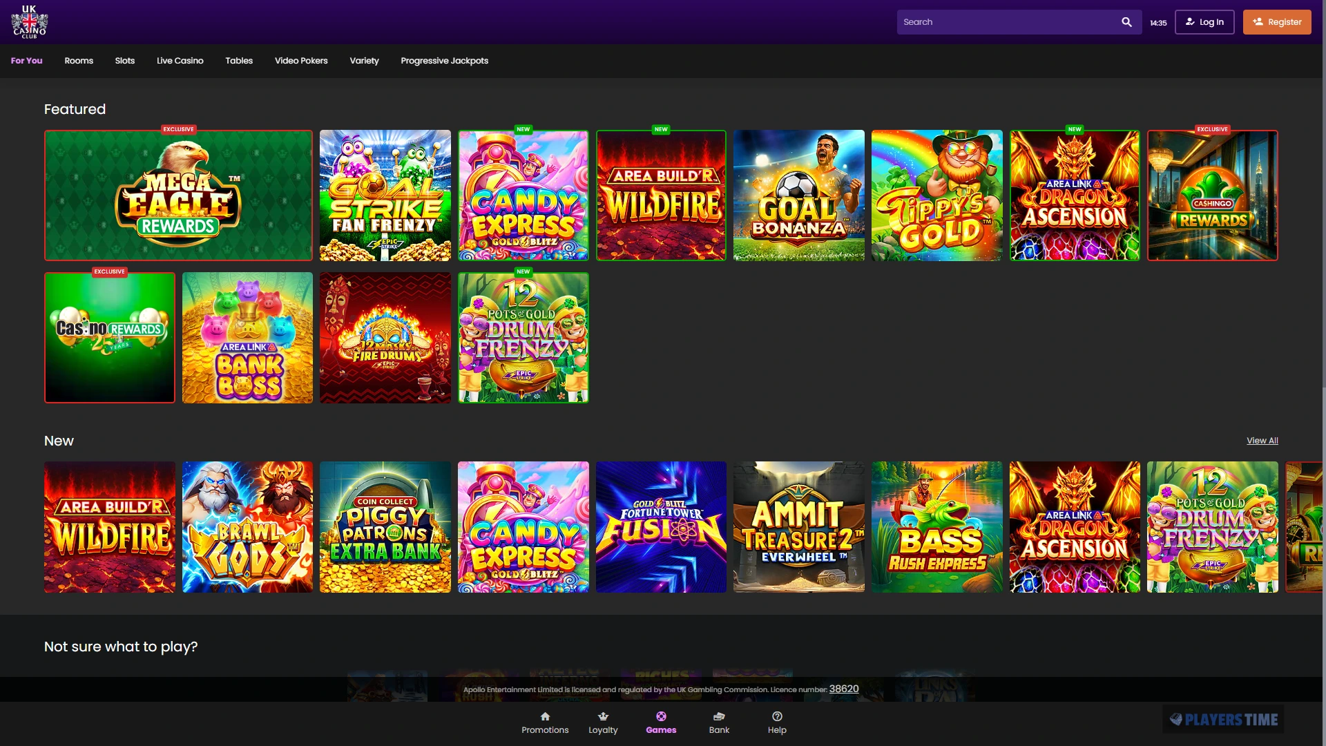 UK Casino Club desktop game lobby showing For You, Rooms, Slots, Live Casino, Tables, Video Pokers, Variety and Progressive Jackpots