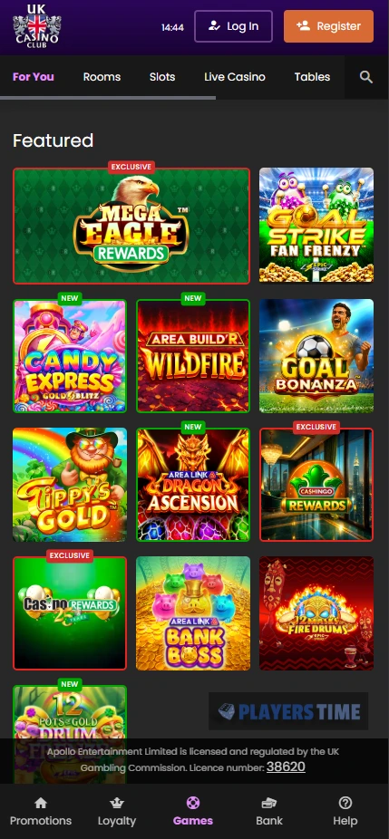 UK Casino Club mobile game lobby showing game categories and bottom navigation