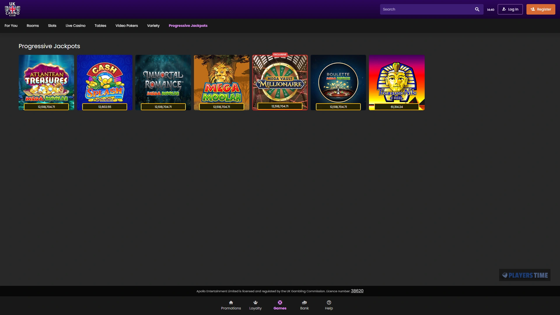 UK Casino Club Progressive Jackpots category showing Mega Moolah and other jackpot games