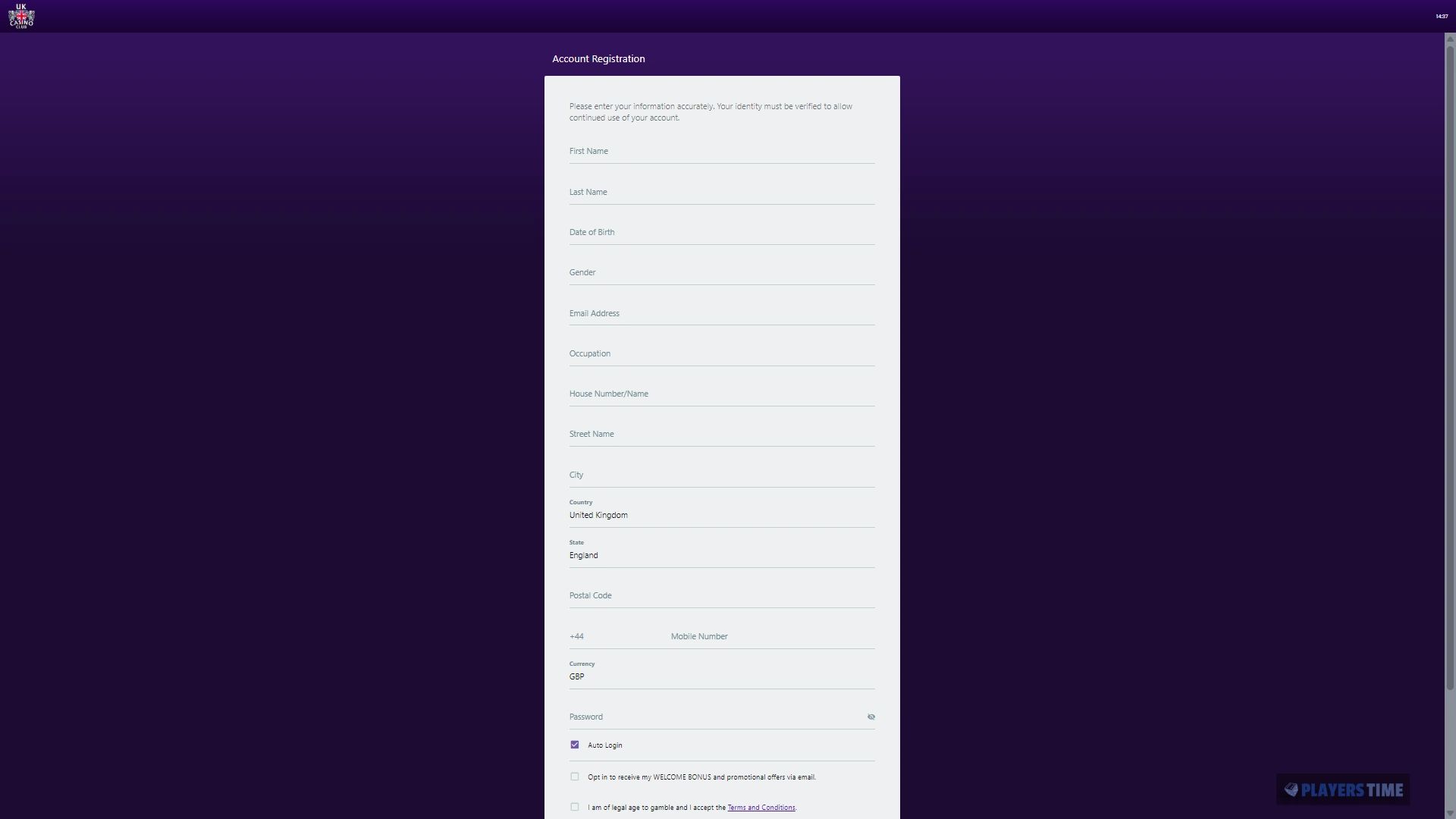 UK Casino Club registration form showing the personal details requested when opening an account