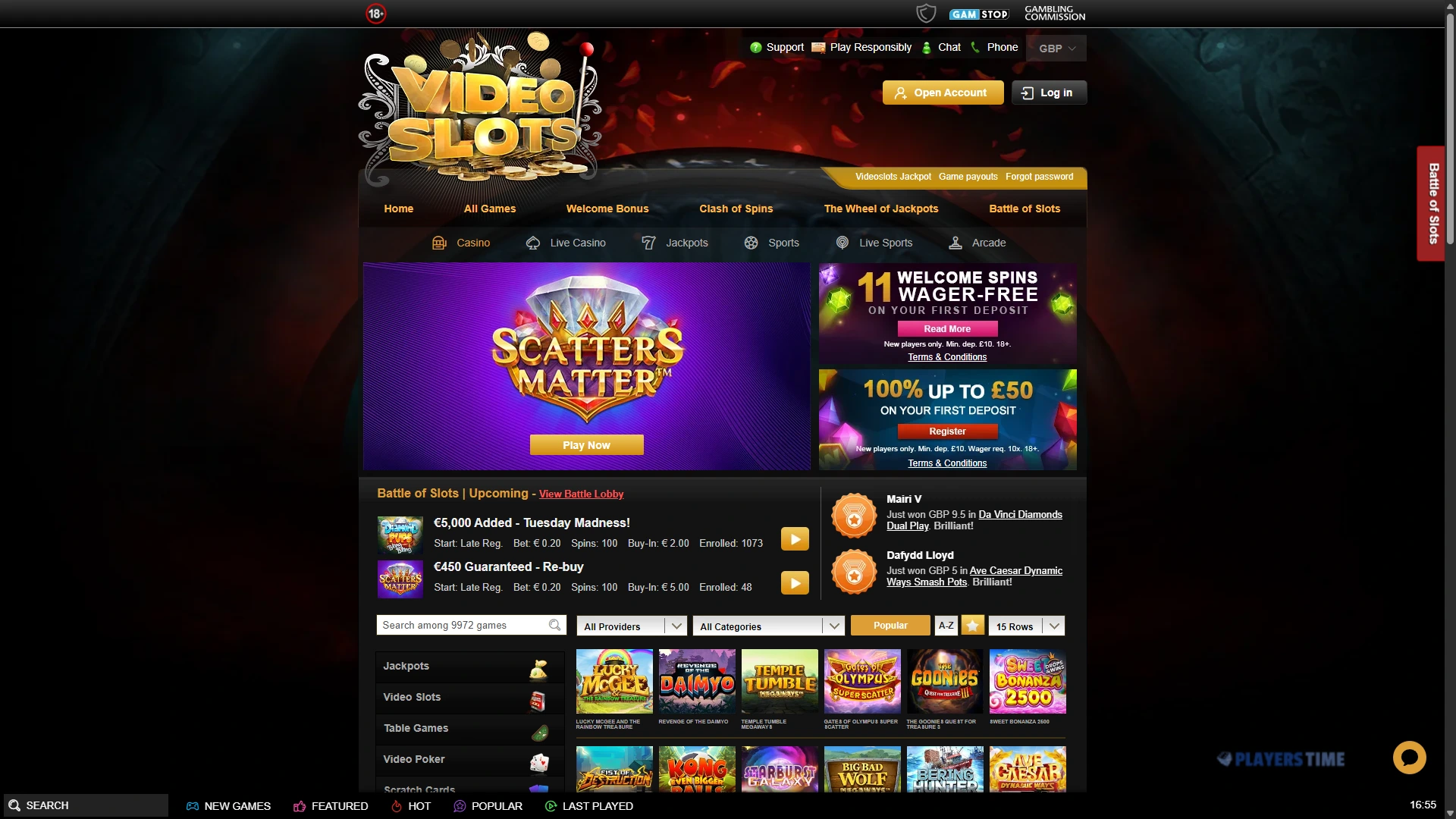 Videoslots UK desktop casino lobby showing game search, provider filters and casino categories