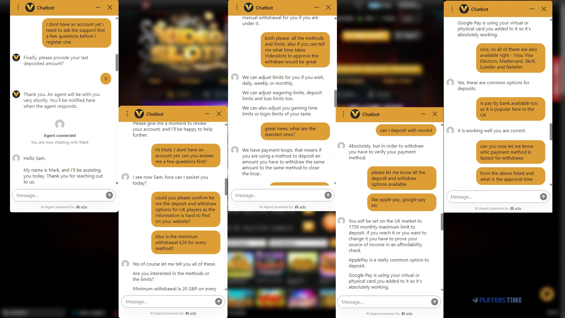 Videoslots human support adviser confirming UK payment methods, withdrawal limits and payout guidance
