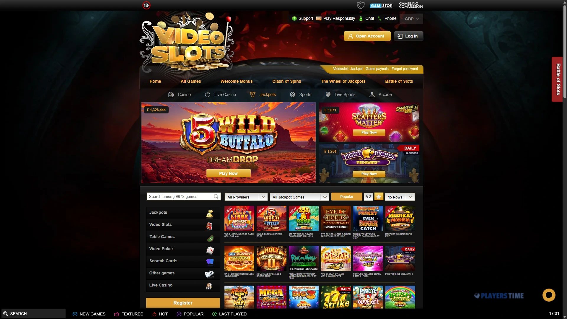 Videoslots UK jackpot lobby showing available jackpot games and displayed prize amounts