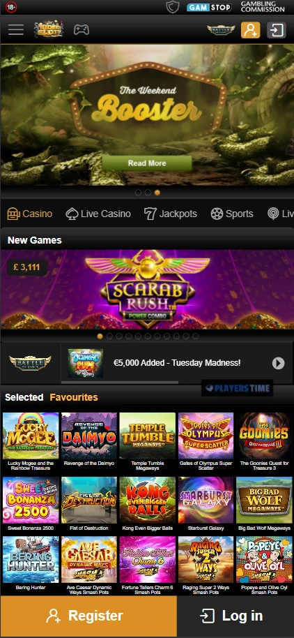Videoslots UK mobile casino lobby showing game navigation, search and category filters