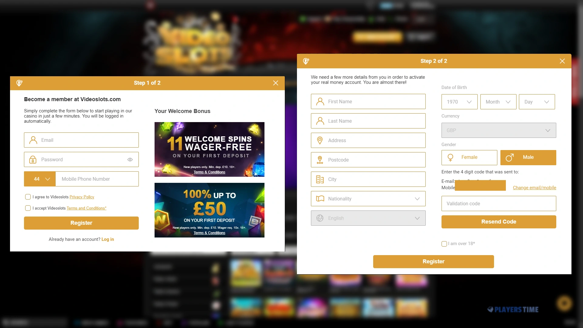 Videoslots UK two-step registration form showing the first sign-up screen and the second screen with personal details and validation fields