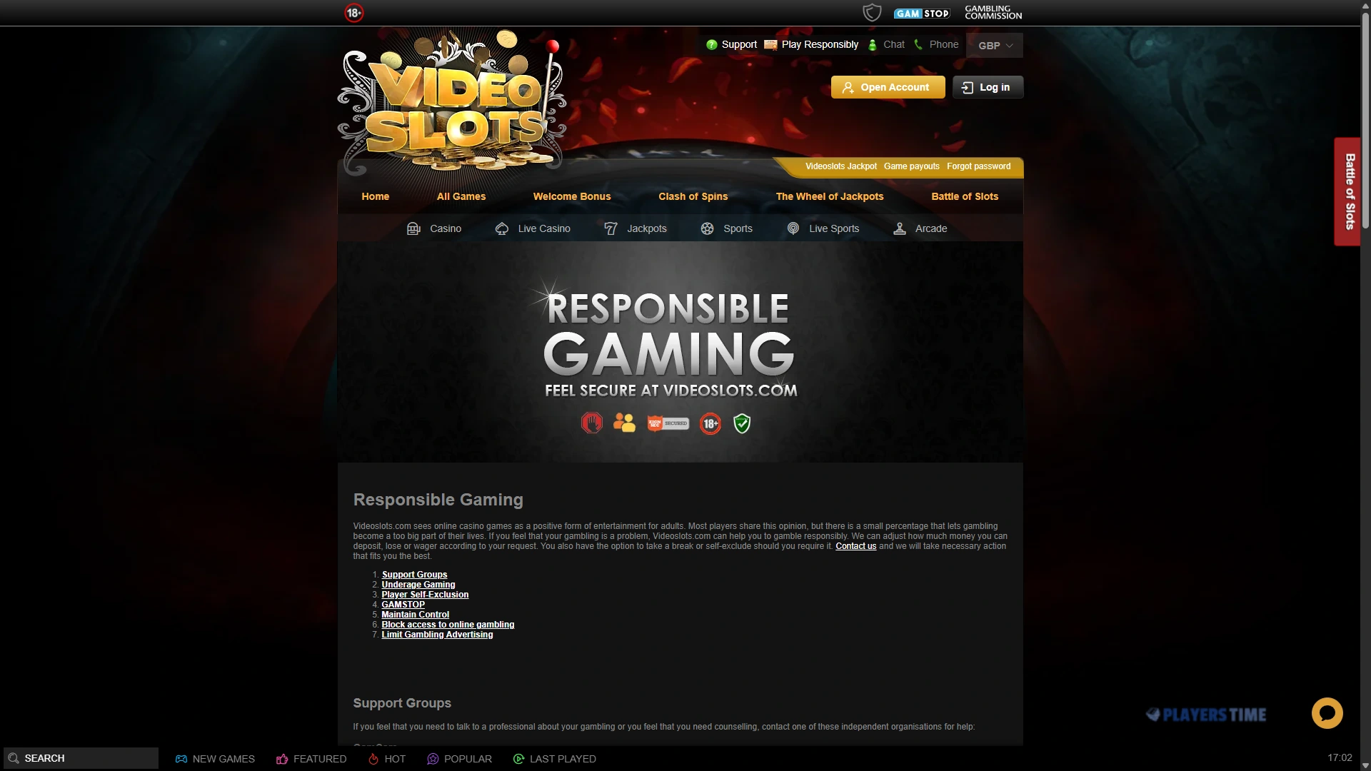 Videoslots UK responsible gambling page showing available account limits and self-exclusion controls