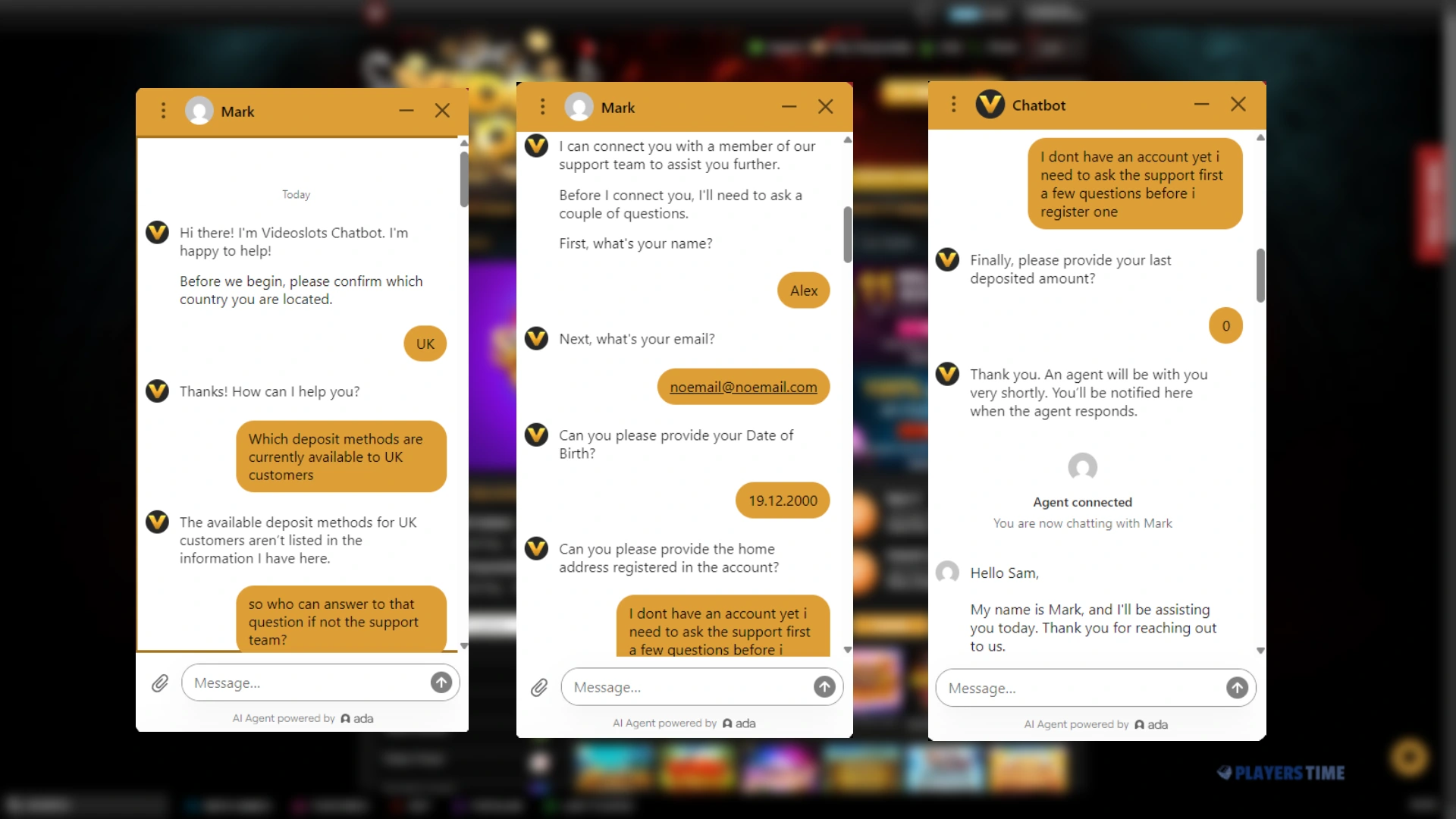 Videoslots automated chatbot asking account questions before transferring our UK payment enquiry