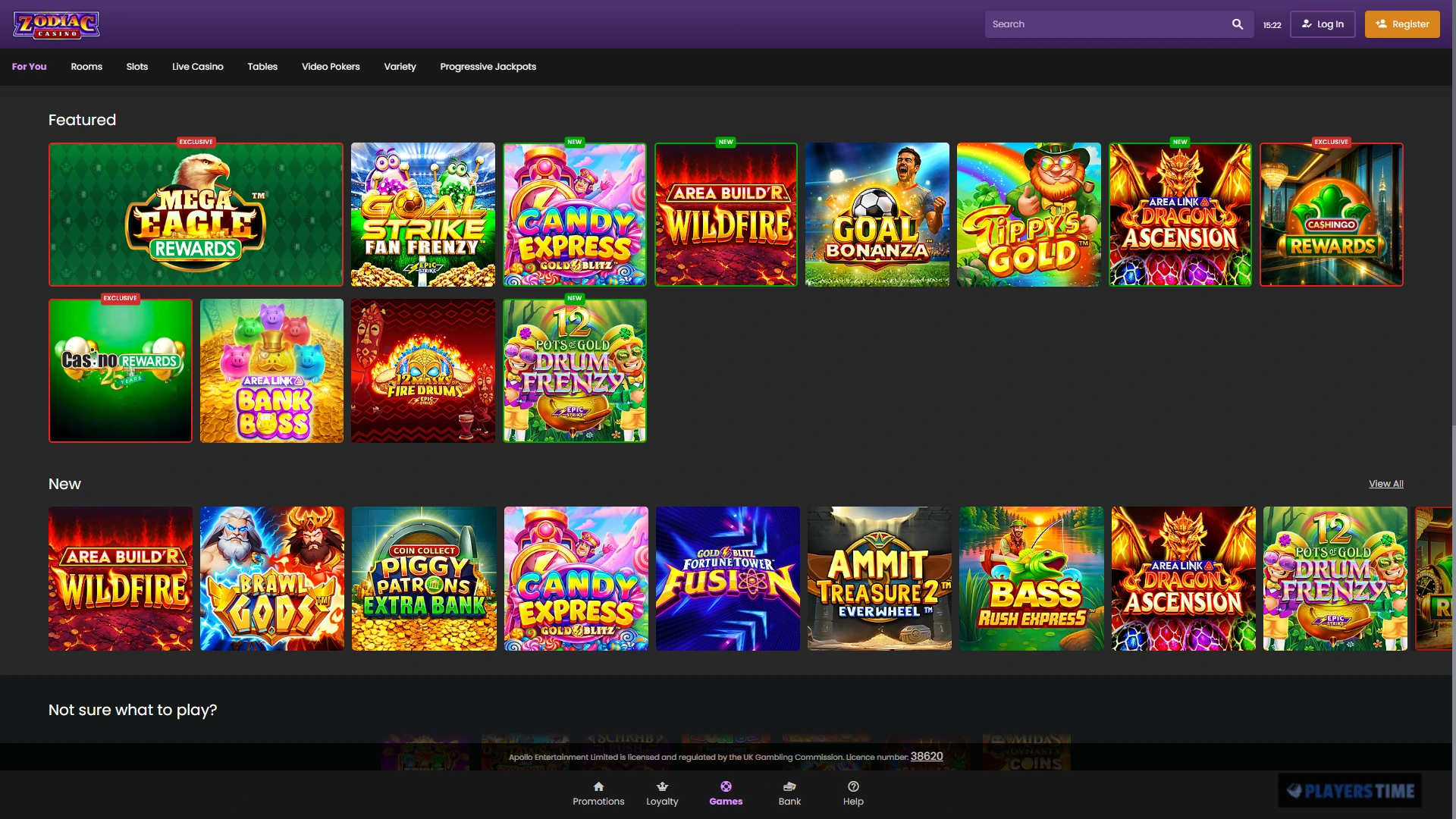 Zodiac Casino UK desktop lobby showing the main navigation, search function and visible casino categories