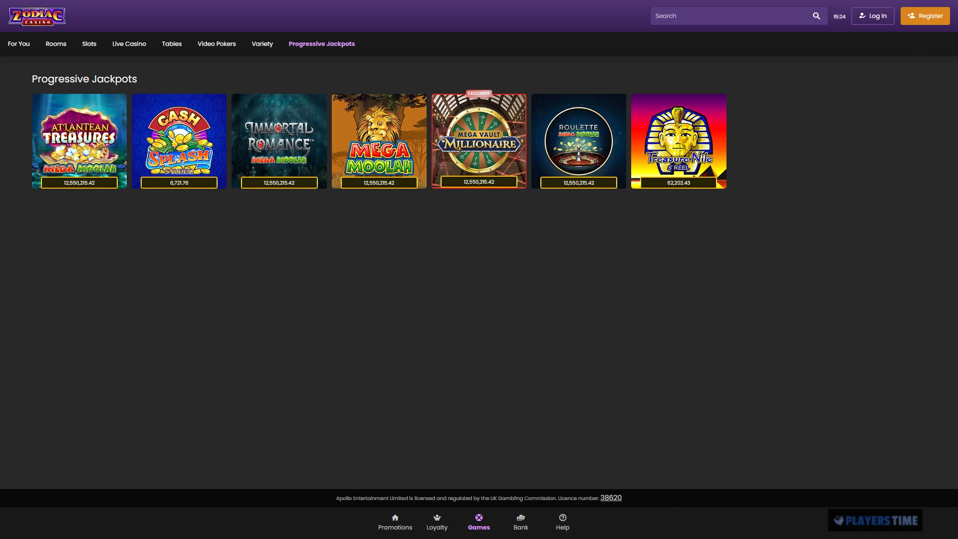 Zodiac Casino UK jackpot section showing the visible jackpot games and displayed prize amounts