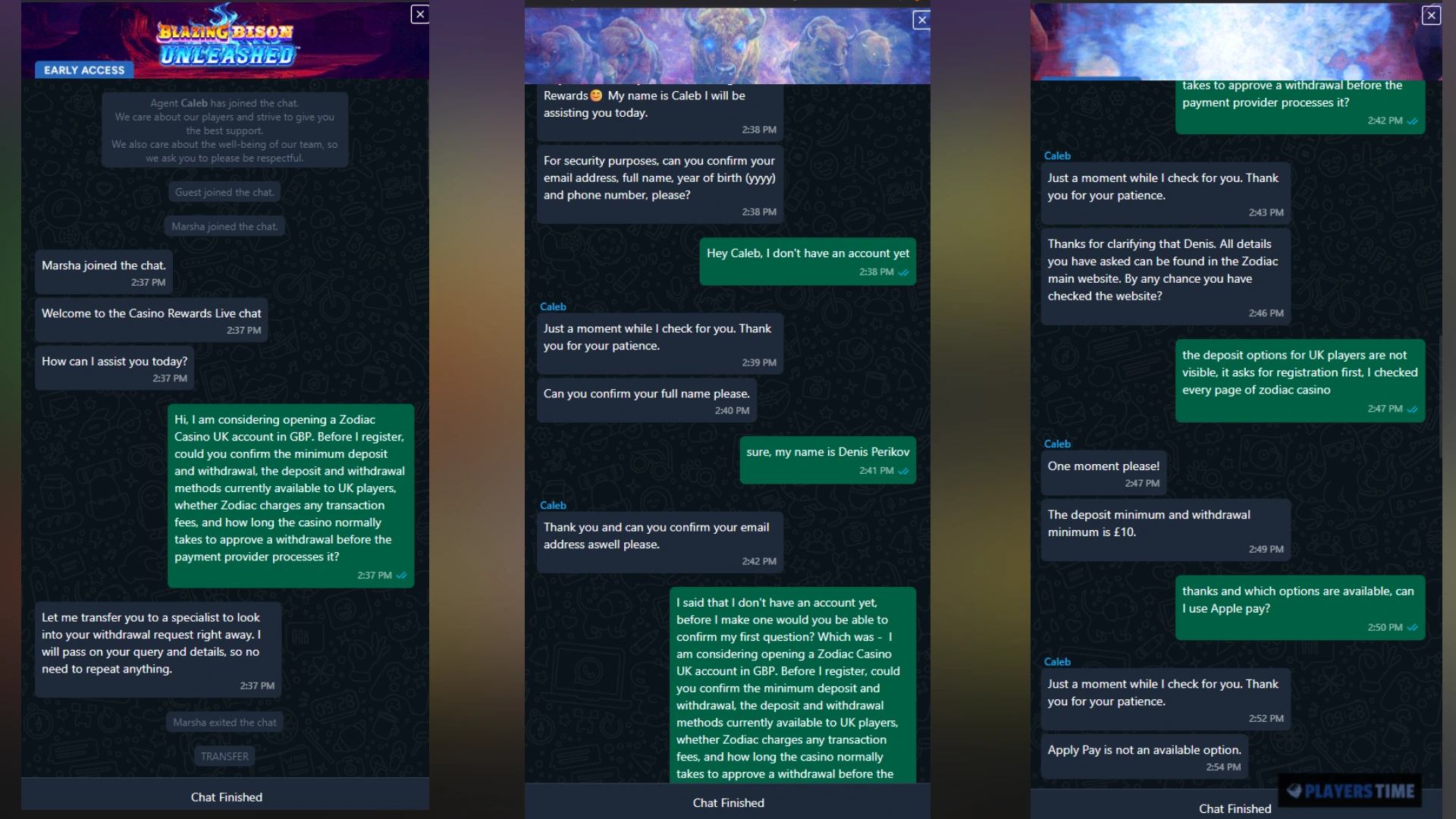 Zodiac Casino UK live chat showing questions about minimum deposits, withdrawals and payment methods